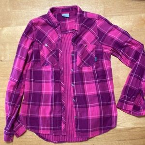 Columbia pink plaid button up shirt, M